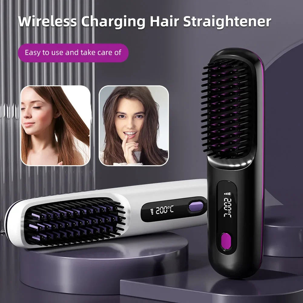 Electric LCD Usb Ceramic Heating Straight Hair Comb Wireless Portable