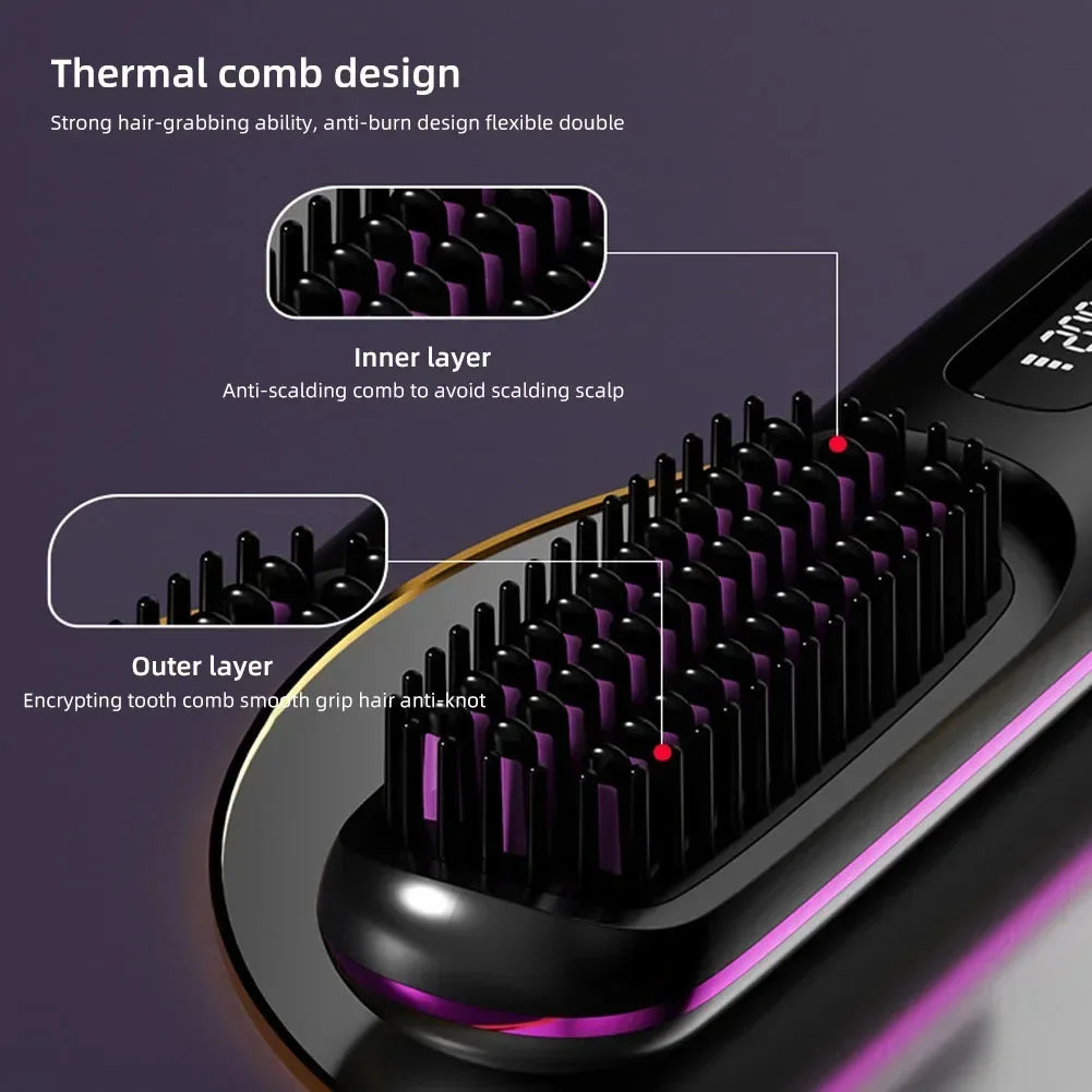 Electric LCD Usb Ceramic Heating Straight Hair Comb Wireless Portable