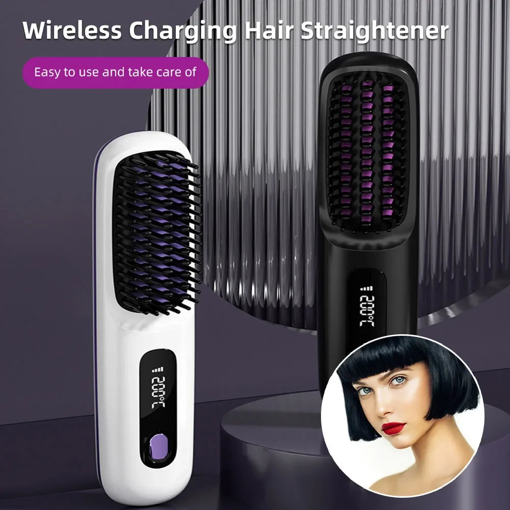 Electric LCD Usb Ceramic Heating Straight Hair Comb Wireless Portable