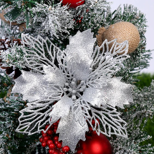 (10pcs) Artificial Christmas Tree Flower Glitter Decorations